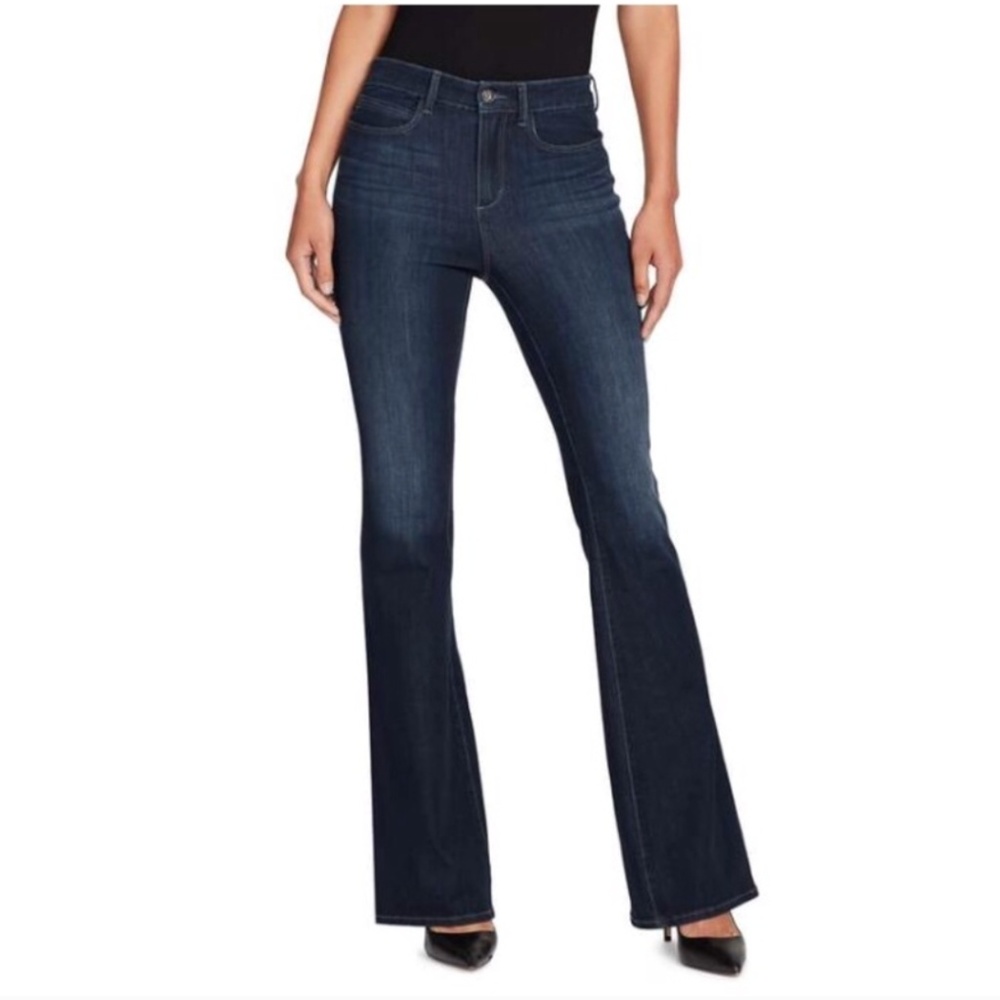 Vigoss Studio dark wash flare leg mid-rise jean.